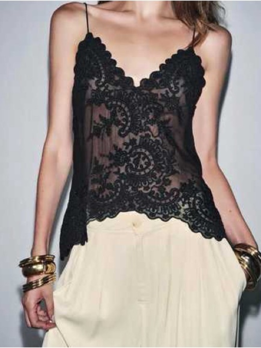 Zara Bloggers Favorite Black Embroidered Lace Sheer Camisole Top Size M